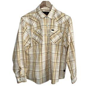 Howler Bros Mens Western Pearl Snap Orange Beige Plaid Shirt Small